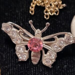 Pink Rhinestone Silver Tone bumble bee brooch Butterfly Vintage